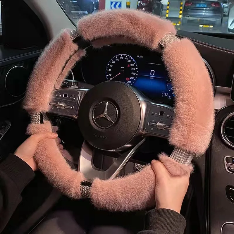 

New winter diamond set plush car steering wheel cover female Korean hot diamond fashion handlebar cover