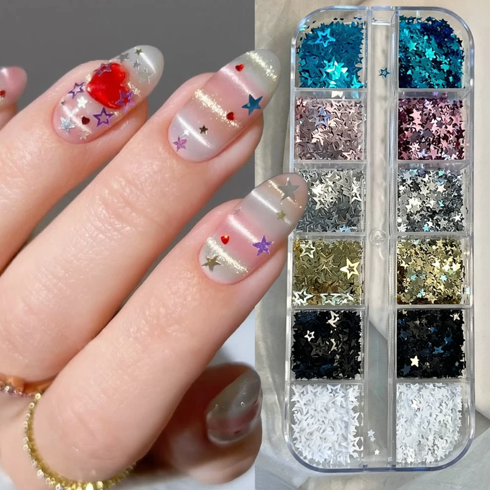 12Grids-2Style Laser Solid Star/Hollow Pentagram Nail Sequins 3D Mixed Mini Sparkly Five-pointed Star Nail Flakes DIY Manicure
