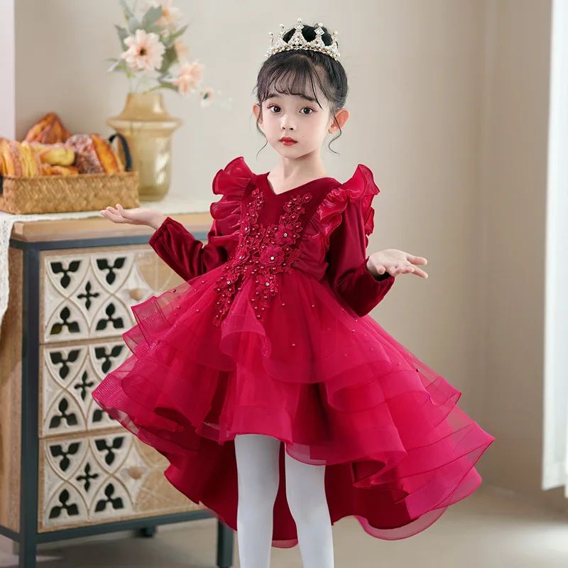 Red Appliques Long Sleeve Assymetrical Tiered Flower Girls Dresses Princess Special Occasion Custom Costume 2023