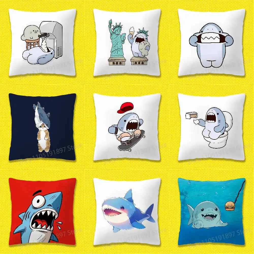 

Funny Cartoon Blue Shark Throw Pillow Case For 50cm 40cm 55cm 45*45cm 30cm Square Bedroom Pillowcase Cover