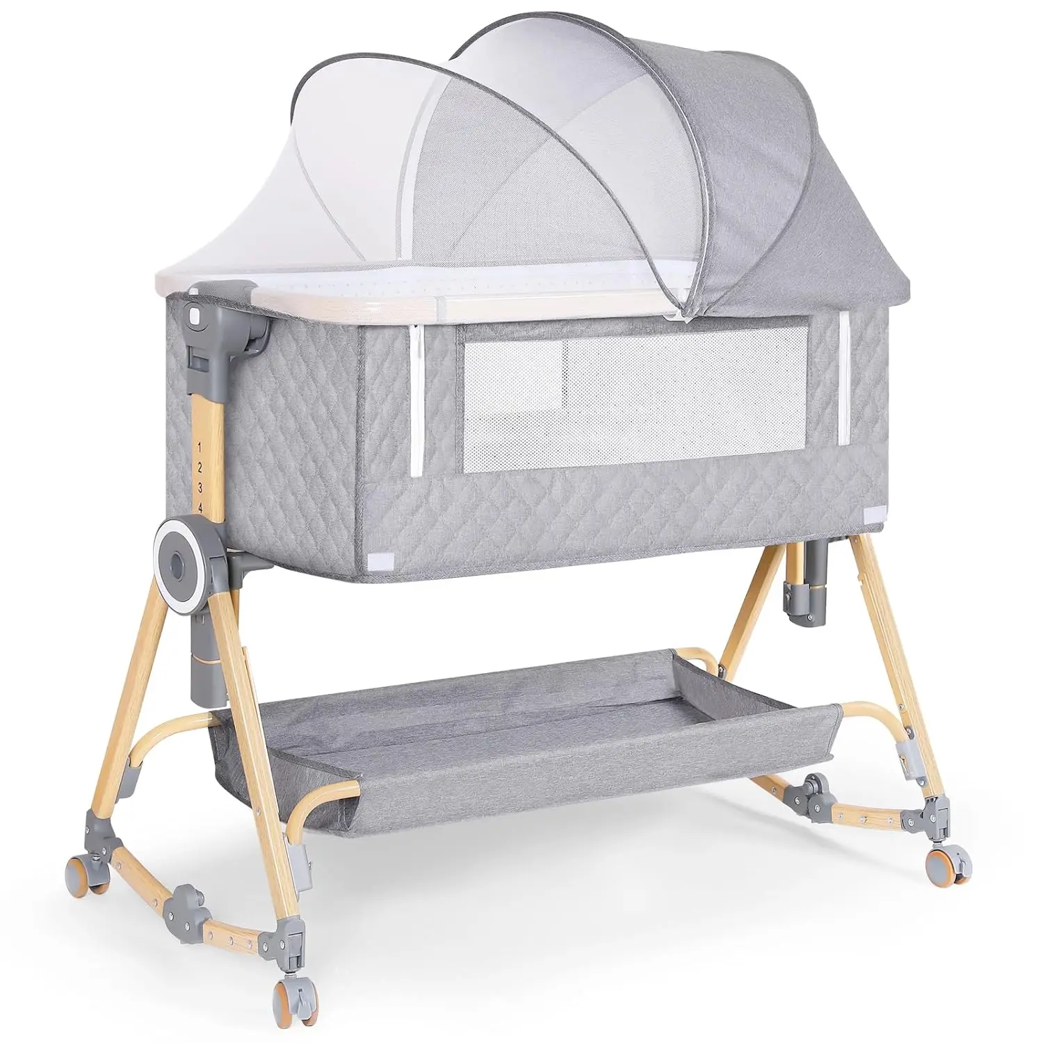 

5-in-1 Baby Bassinet with Diaper Table, Mosquito Net, Mattress & Storage - Easy-Fold Travel Crib in Gray