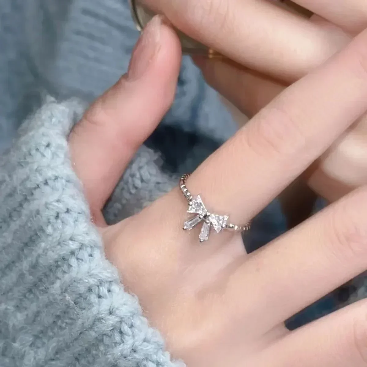 Shiny White Bowknot Rings Female Girls Korean Exquisite Jewelry Open Ring with Shiny Bow Tie Zircon for Party Lovers Gifts image 2