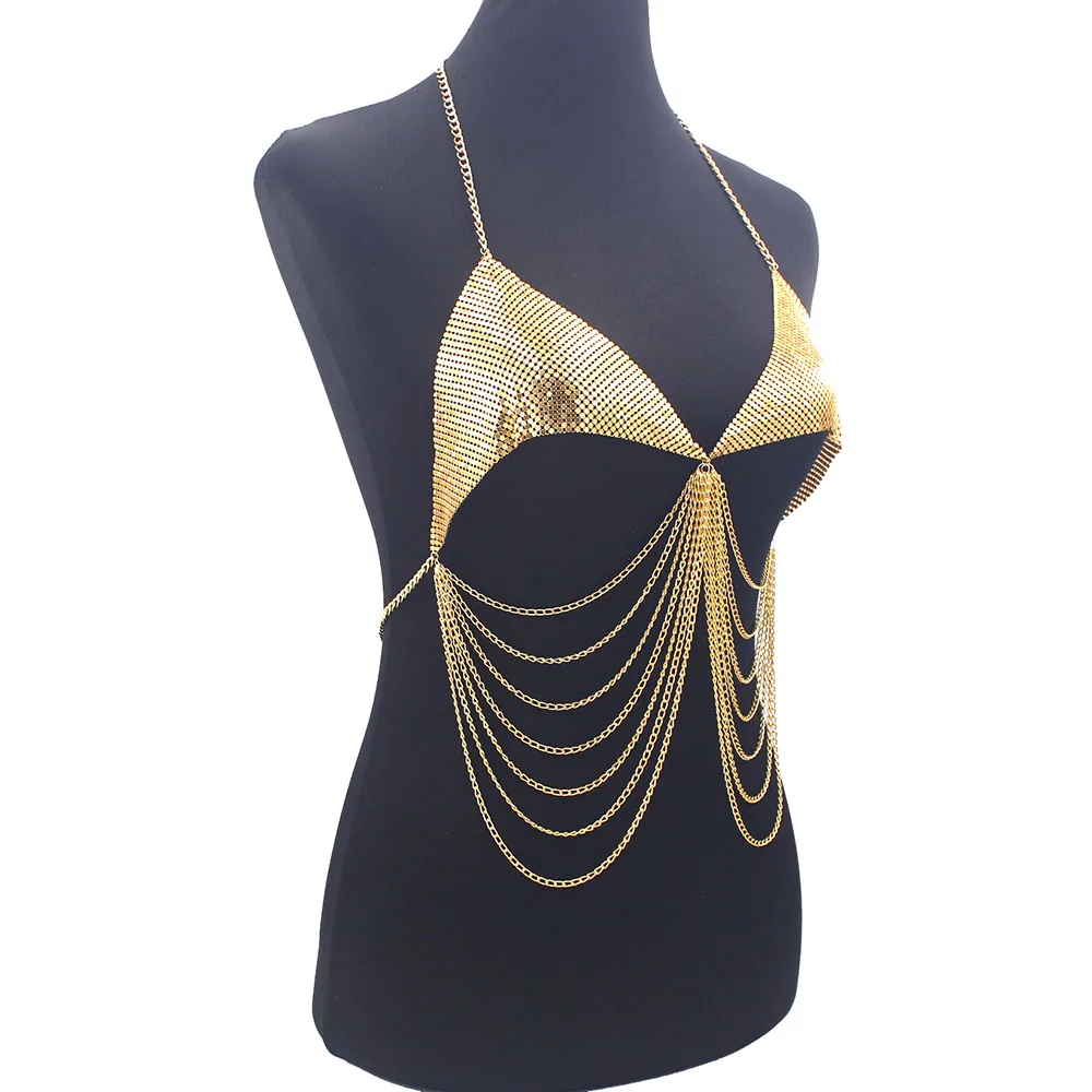 Hot Sale Metal Shiny Bra Tassel Women Bra Body Chain Good Quality Gold Silver Color Underwear Nightclub Jewelry