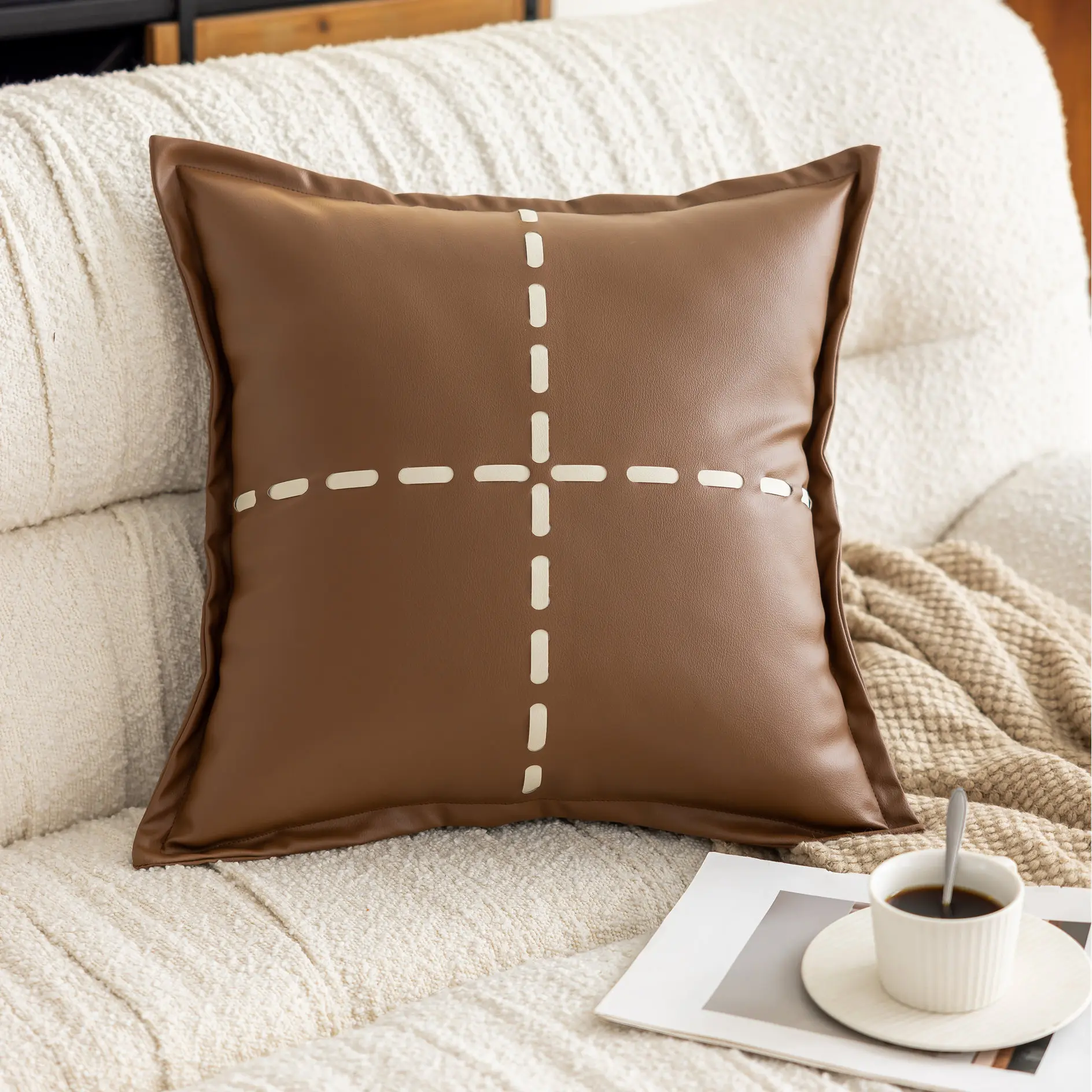 Luxury  Faux Leather Cushion Cover Cross Stylish Brown Ivory Natural Home Decoration Pillow Case for Sofa Couch Chair 45x45cm