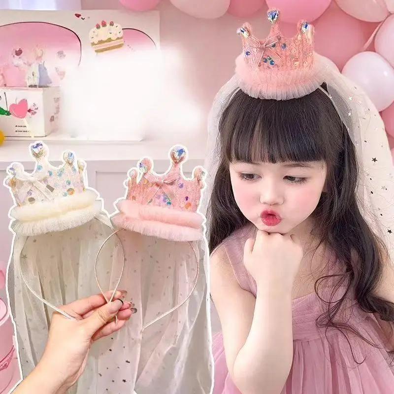 

Sparkly Tulle Princess Crown Headband, Pink & White Sequin Party Headwear, Cute Girl's Dress Up Hair Accessory, 1Pcs