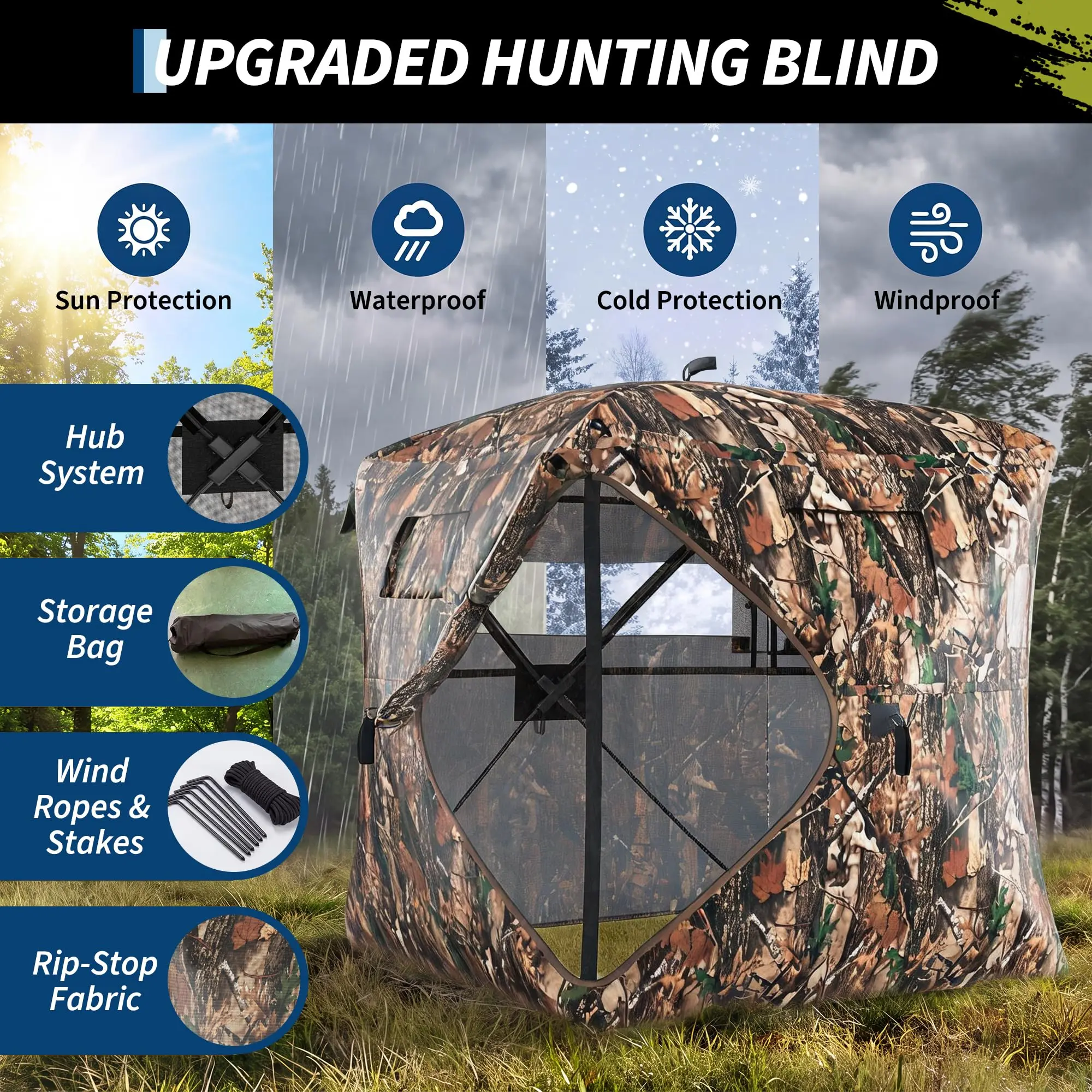 360° See-Through Tracking Blind, Pop-Up Camo Ground Blind with Silent Windows, Brush Loops & Carry Bag, Spacious 2-3 Person Water-Resistant Deer Tracking Tent - Thumbnail 3