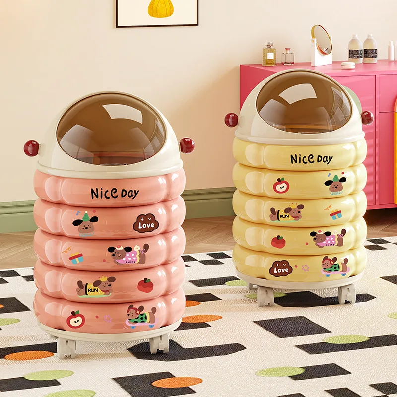 

High Appearance Creativity Waste Bins Household Movable Wheeled Storage Cartoon Waste Bins Become Popular Home Vuilnisbakken JTW