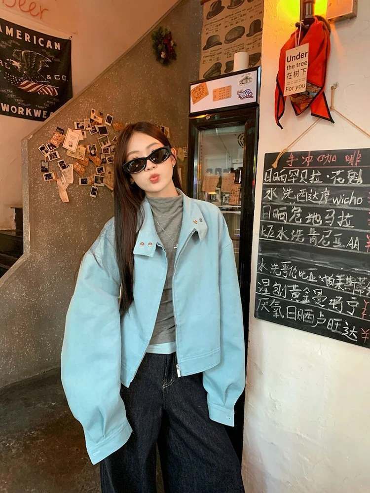 Giacca vintage con cerniera donna autunno blu manica lunga colletto alla coreana cappotti casual larghi coreano streetwear semplice capispalla hottie nuovo
