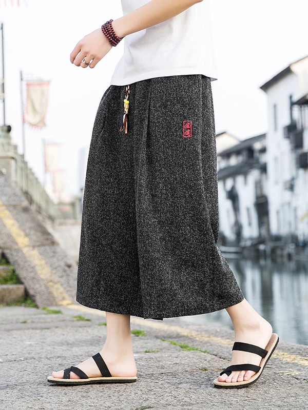 

Summer Chinese Sle Men's ort Pants Embroidered Ice Silk Seven-Foot Wide Leg Carrot Lantern orts Casual Loose Fit