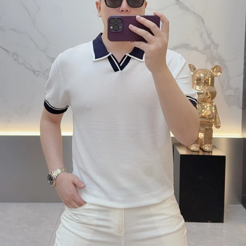 

High Quality Autumn Knitted V-neck T-shirt for Men Ice Silk Elastic Casual Business Lapel T-shirts Slim Office Work POLO Shirts