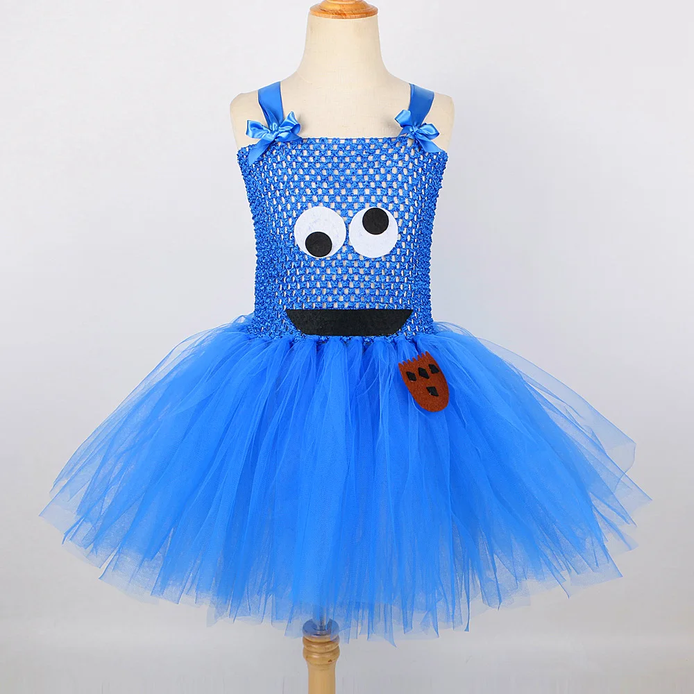 Blue Cookie Monster Tutu Dress for Girls Halloween Costume Cartoon Tulle Kids Birthday Carnival Party Dresses Children Clothing