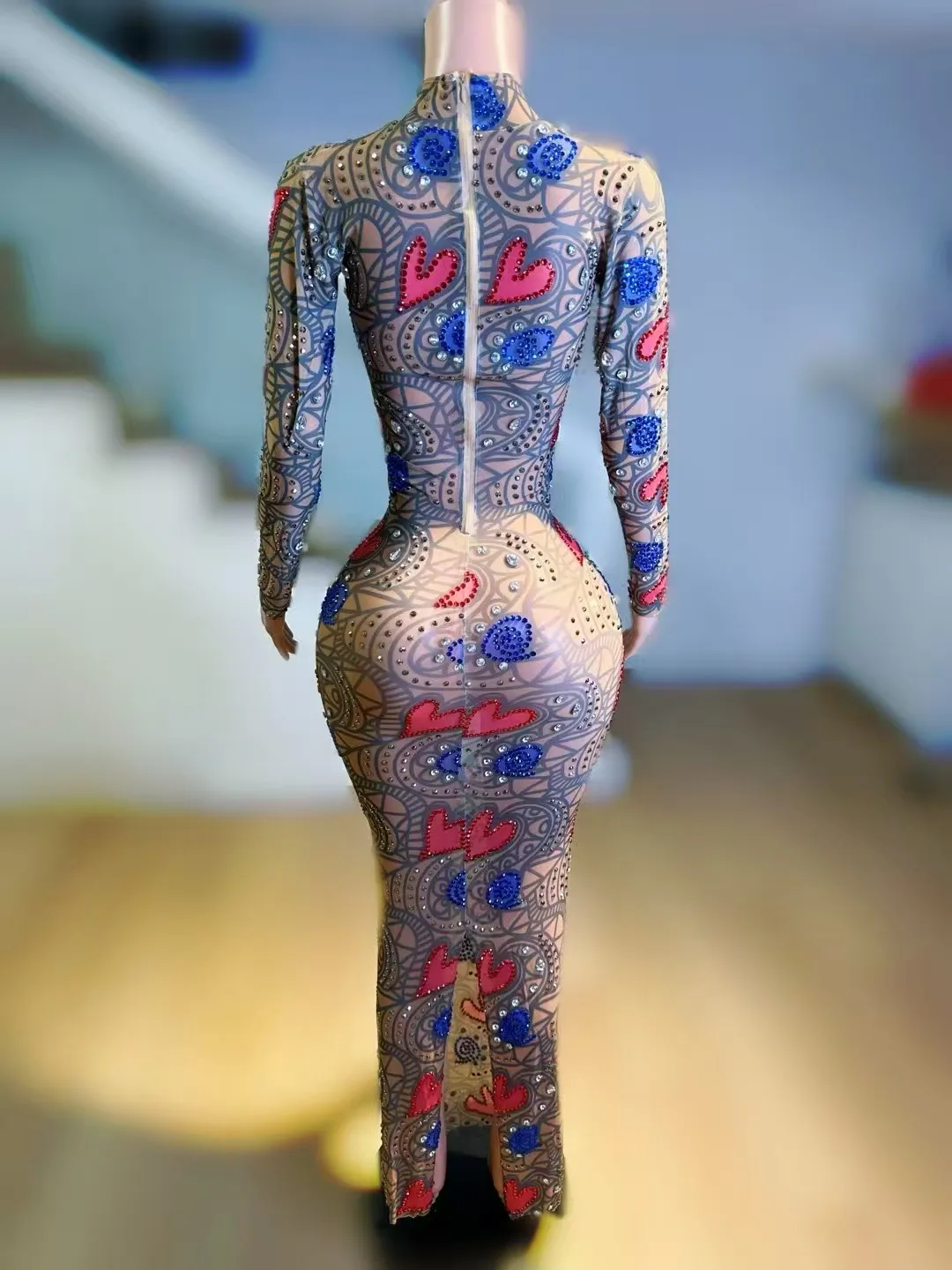 الحب الماس عالية الرقبة ضيق مثير شبكة التفاف فستان طويل المضيف الاجتماع السنوي ملهى ليلي بار الأداء زي A806