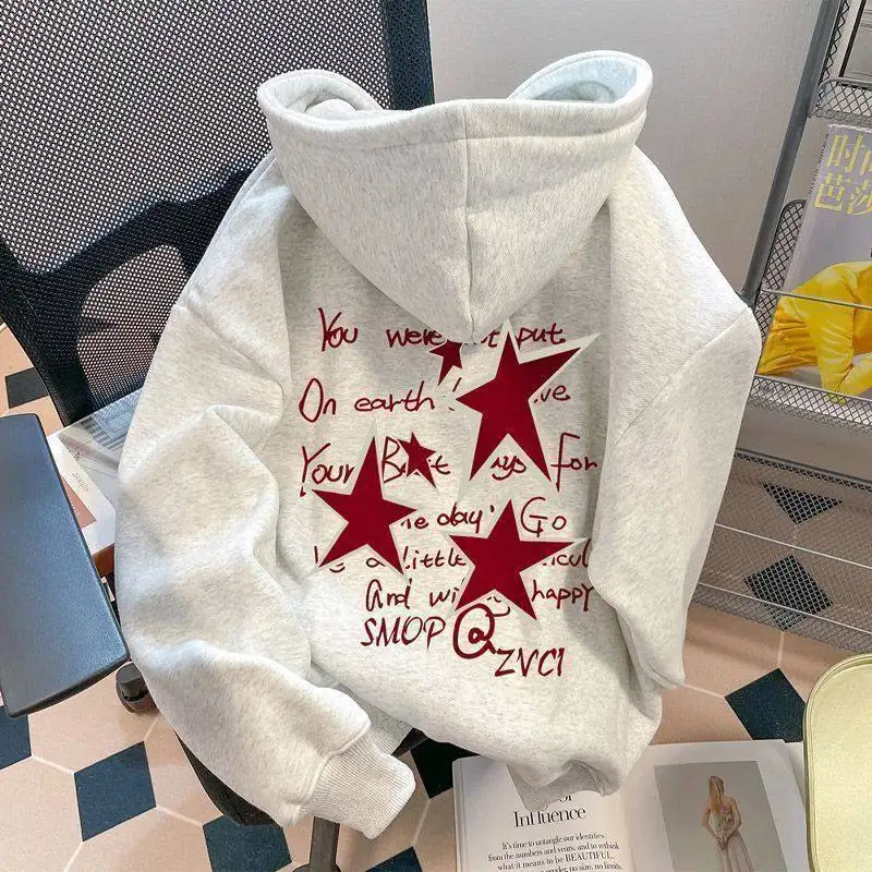 

Толстовка-худи ex plus Size 300 Pou в американском ретро-стиле с принтом звезд, хлопковая, с термообработкой, с длинными рукавами, круглым вырезом, утепленная