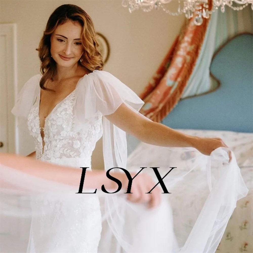 LSYX Customized Deep V-Neck Flare Sleeves Appliques Tulle White Mermaid Wedding Dress Zipper Back Court Train Bridal Gown