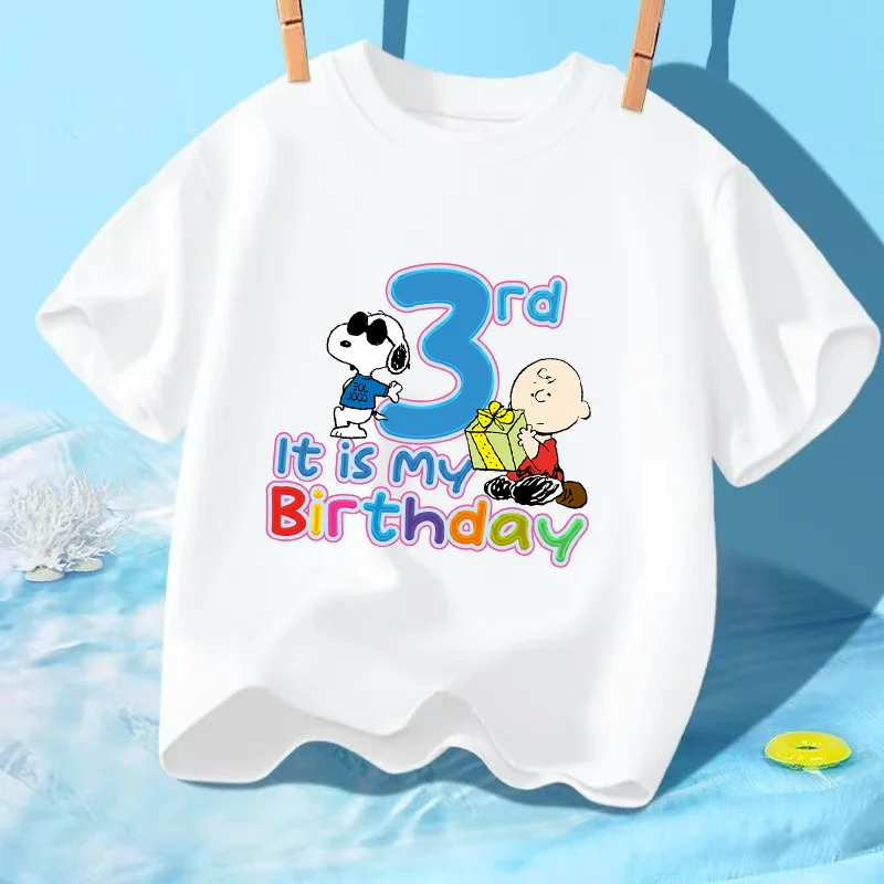

Детская одежда Snoopy, футболки с принтом аниме и цифрами 1–10 лет, милая футболка для мальчиков и девочек, детские топы для дня рождения, летняя футболка