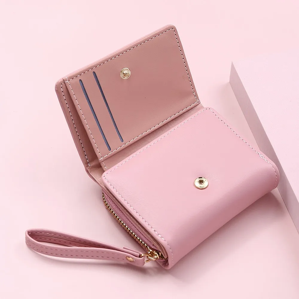 Women  Wallet Trifold Card Case Pu Leather Multi Card Position Candy Color  Short Fashion Embroidery Love Zipper Coin Purse