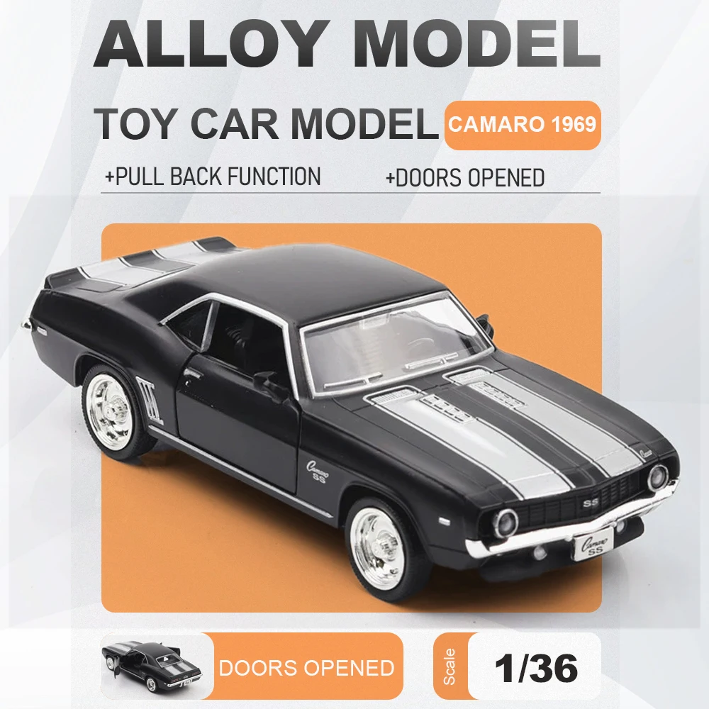 

1:36 Scale Camaro 1969 Car Model Toy Doors Opened Alloy Diecast Models Pull Back Rubber Tires Vehicle for Husband Holiday Gifts