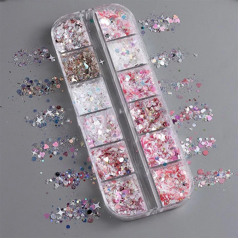 Glitter Sequin Mixed 12 Grids Star Heart Shape Colorful Nail Sequins For Sparkling Shaker Nail Art Flakies Paillette Manicure