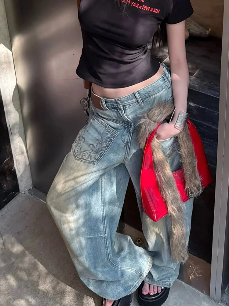 2025 Amerikaanse Retro Y2K Stijl Vuile Gewassen Blauw Baggy Dames Jeans Broek Rechte Vrouw Kleding Denim Broek Pantalon Femme