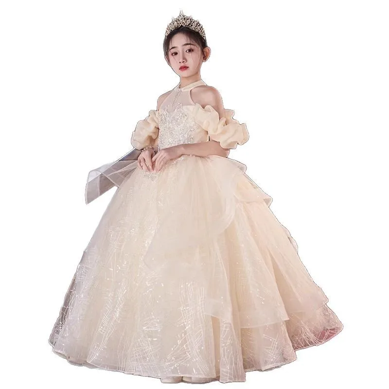 Girl Princess Dresses Champagne Flower Girls Wedding Party Dress New Ball Gowns High-Necked Gown Beauty Contest Customized