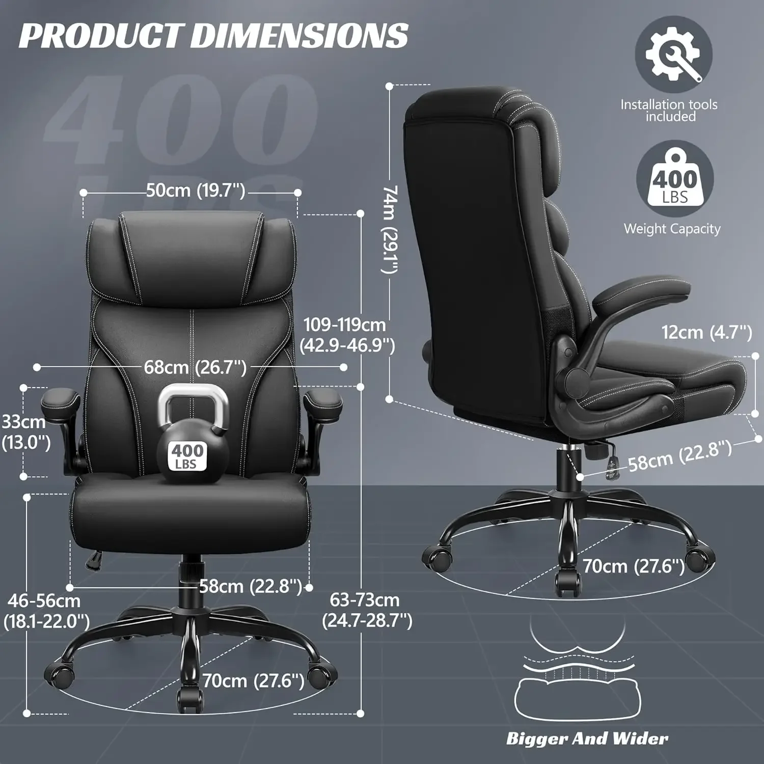 Silla de oficina ergonómica grande y alta para escritorio de ordenador, sillón ejecutivo de cuero transpirable con respaldo alto ajustable, abatible hacia arriba