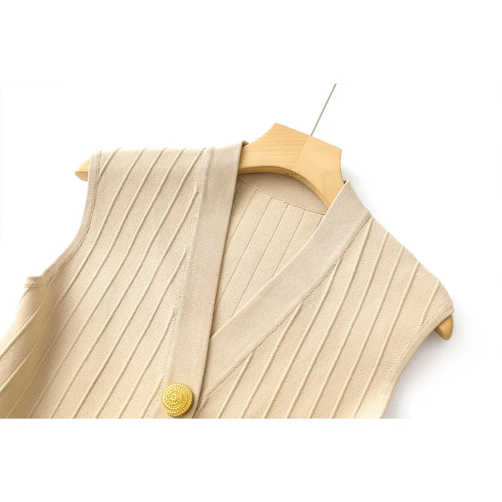 女性スリムフィットノースリーブベージュドレス V ネックシングルブレスト装飾オフィスレディースエレガントなミニドレス