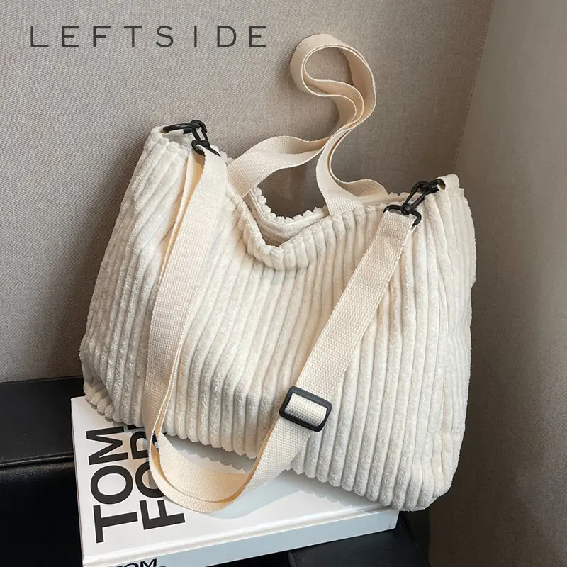 LEFTSIDE Solid Soft Corduroy Handbags for Women Winter Shoulder Side Bag Vintage Large Shopper Shopping Bags Zipper Totes