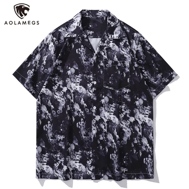 Men's Shirts Black White Mottled Print Clothes Oil Painting Impression Style Tops M-2XL Neutral Handsome Blouse Spring Summer