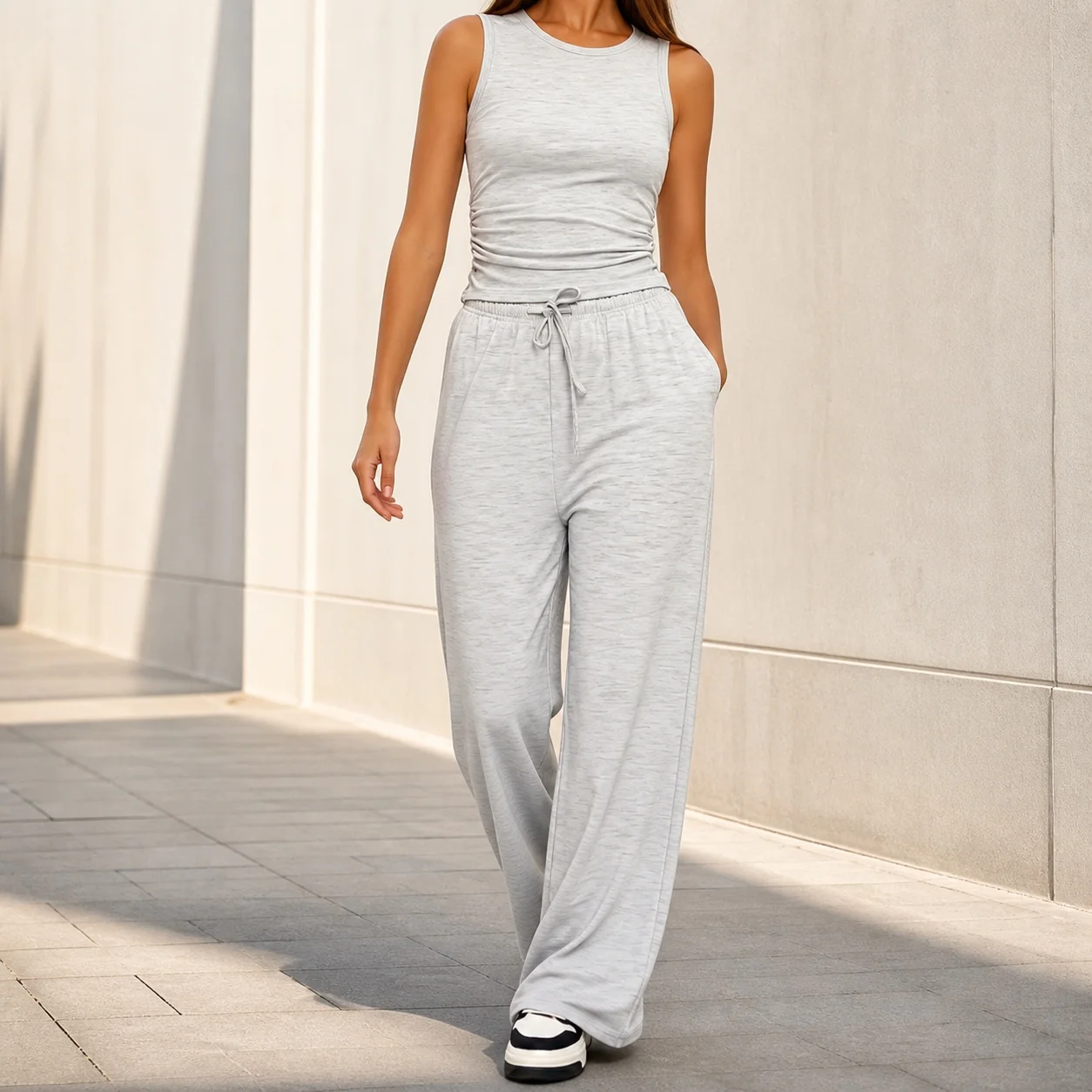Pleated Ruched Set Full Length Japanese Korean Casual with Tank Top Long Pants Top Sleeveless Sets Pants Winter for Women