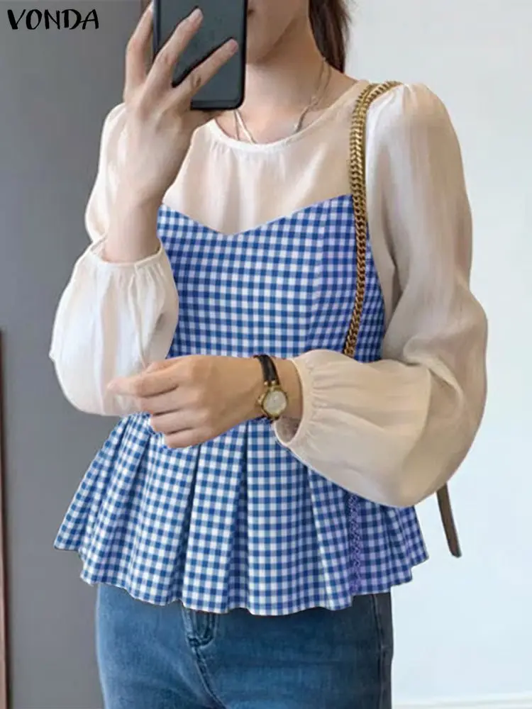 VONDA Modne Bluzki Damskie z Długim Rękawem w Kratę, Jesień 2025, Okrągły Dekolt, Eleganckie Koszule Biurowe w Stylu Koreańskim, Bluzka
