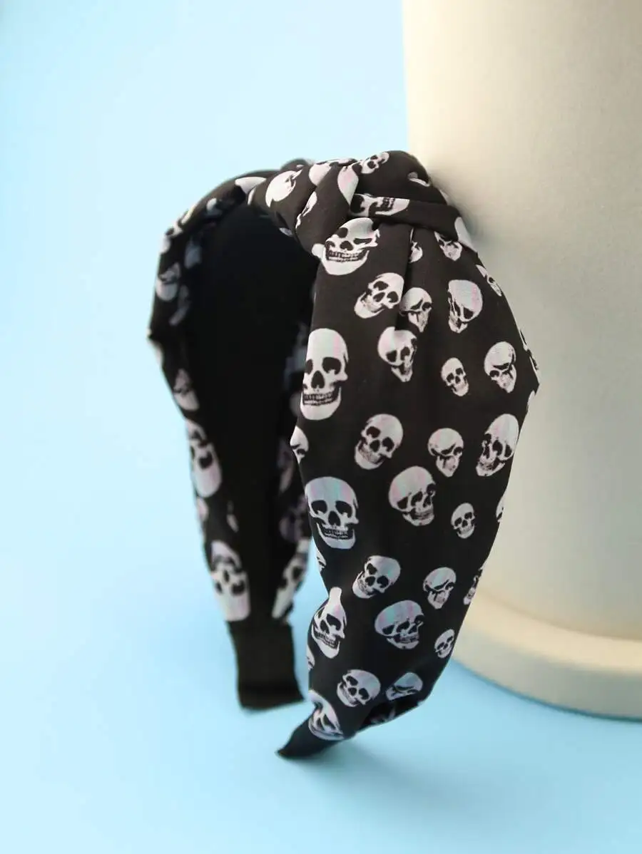 

Black Skull Print Twisted Cloth Headband For Women Daily Party Halloween Accessory