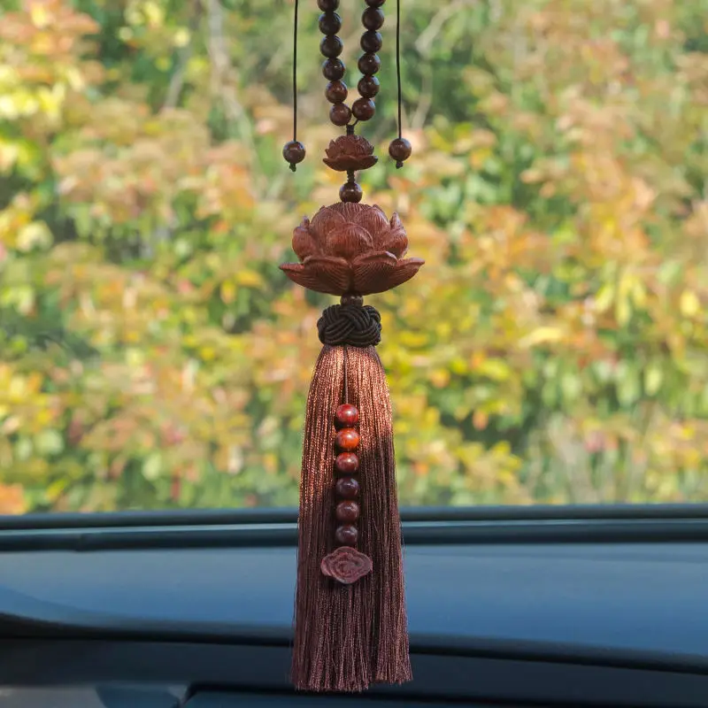 Upgraded Car Rearview Mirror Buddha Pendant Chinese Wooden Carving Lotus Purple Sandalwood Auto Decor Tassel Hangings Car Interi