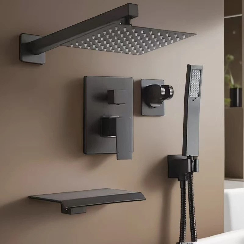 Modern European Design Ceiling Rain Shower System Black Chrome SUS Stainless Steel Square with Bathroom Bathtub Waterfall