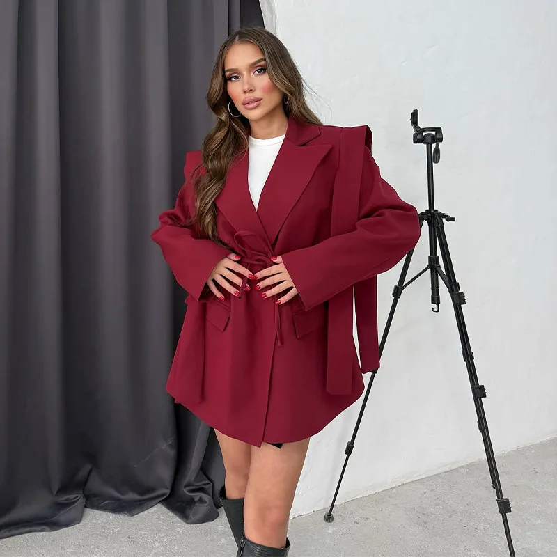 SKMY 2025 automne nouvelle couleur unie col rabattu ample à lacets taille haute robes courtes femmes vêtements à manches longues robe Blazer
