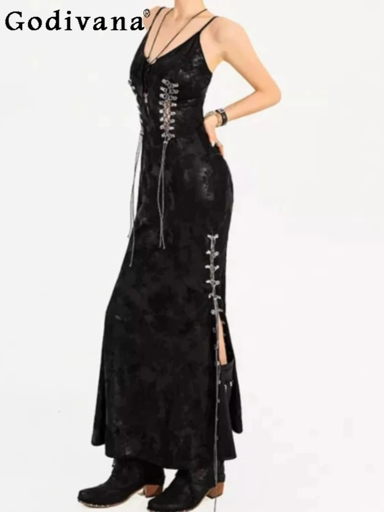 

Fashion Girl Gothic Banquet Black Elegant Suspender Dresses Spring Summer Personality Dark Sexy Vintage V-neck Strapless Dress