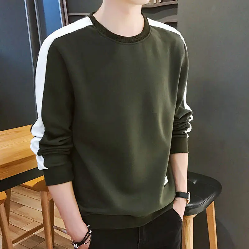 

Men's Spring Autumn New Contrast Patchwork Tops Tees O-neck Long Sleeve Loose Print T Shirts Street Casual Fashion Men Clothing