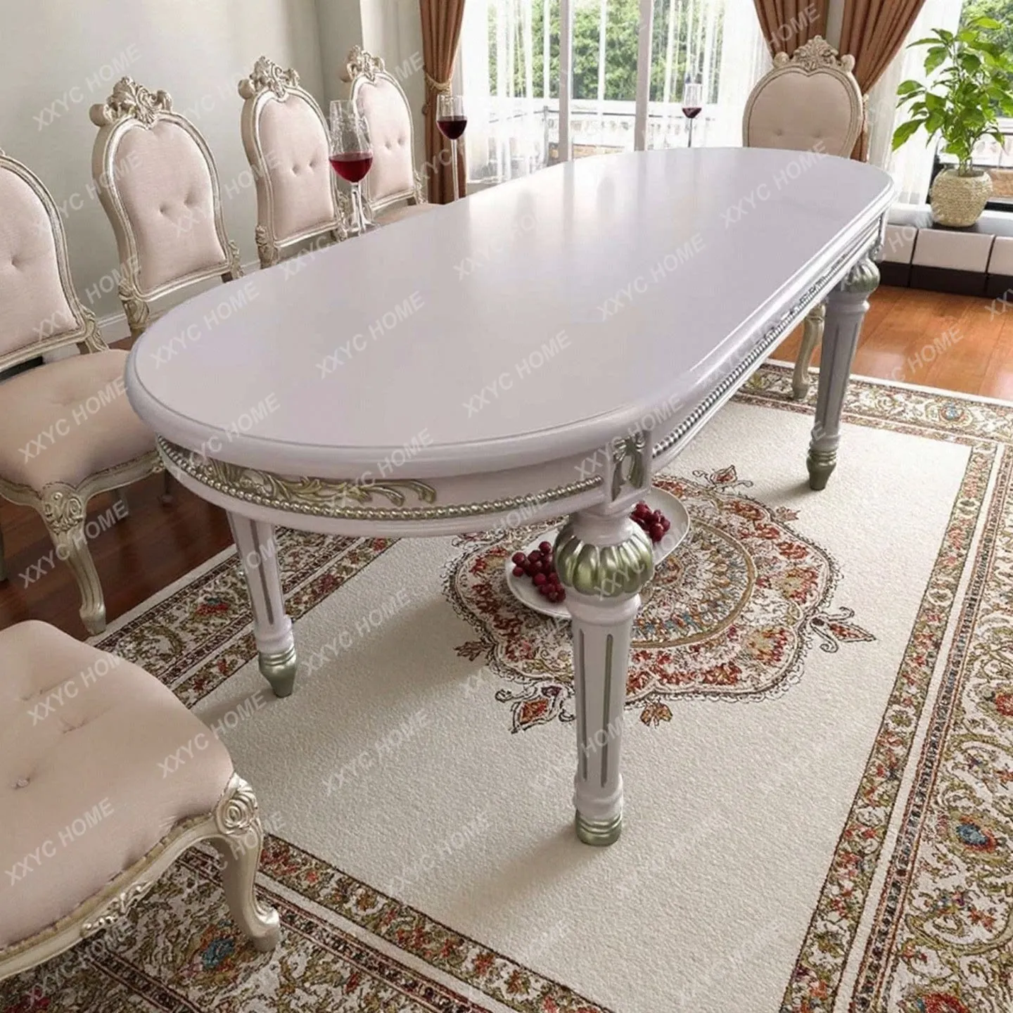 Dining table Country solid wood carving flower oval dining table Vintage carved bow Home dining table