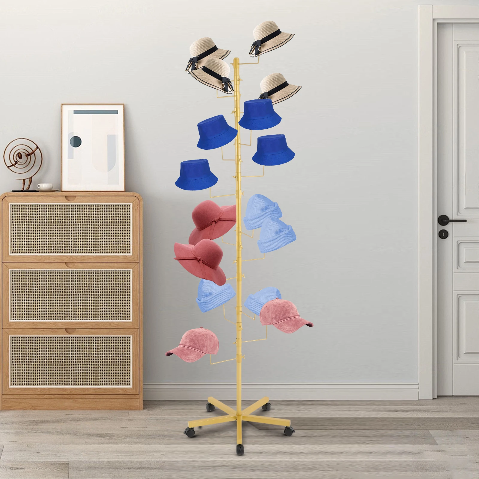 

Gold 16-Hook Freestanding Hat & Cap Organizer Rack, 30lbs Heavy-Duty Coat Hat Stand for Entryway & Closet, Storage Display Stand
