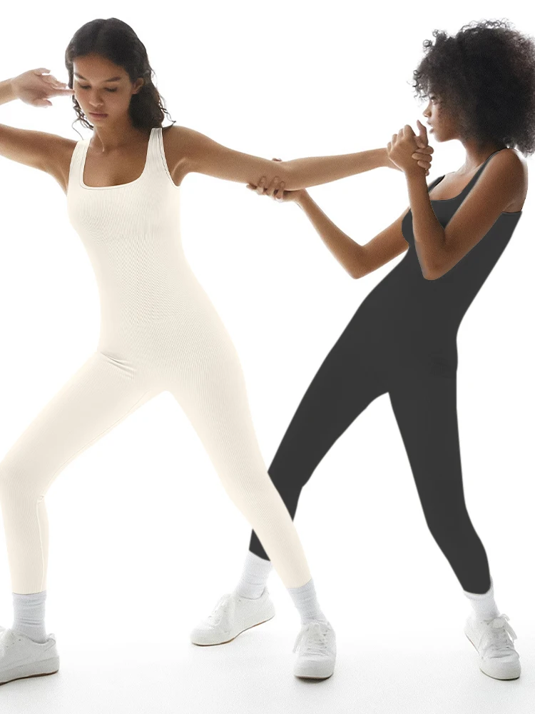 

OQQ 2025 New Fashion Sleeveless Yoga Jumpsuit Exercise Ribbed Square Neck High Waist Fitness Sports One-piece Yoga Suit