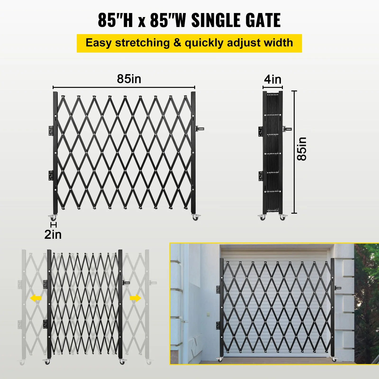Cancello di sicurezza pieghevole singolo, cancello per porta pieghevole da 85 x 85 pollici, cancello di sicurezza per fisarmonica in acciaio, cancello di sicurezza espandibile flessibile,