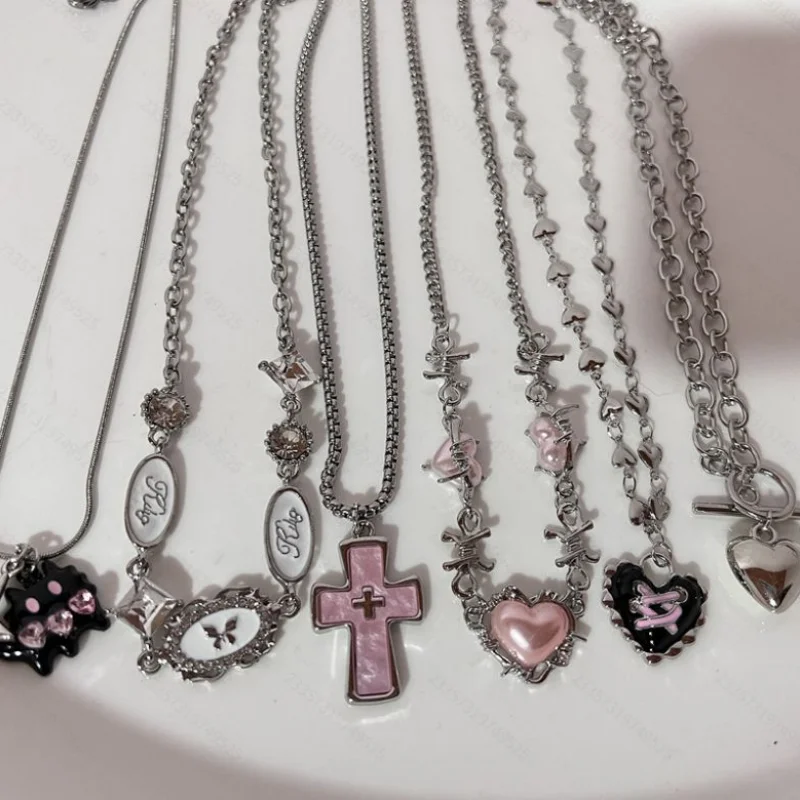 6Pcs Y2K Layered Necklace Set Pink Cross Enamel Heart Butterfly Cat Claw Pendant Silver Chain Aesthetic Stackable Women's Jewelr