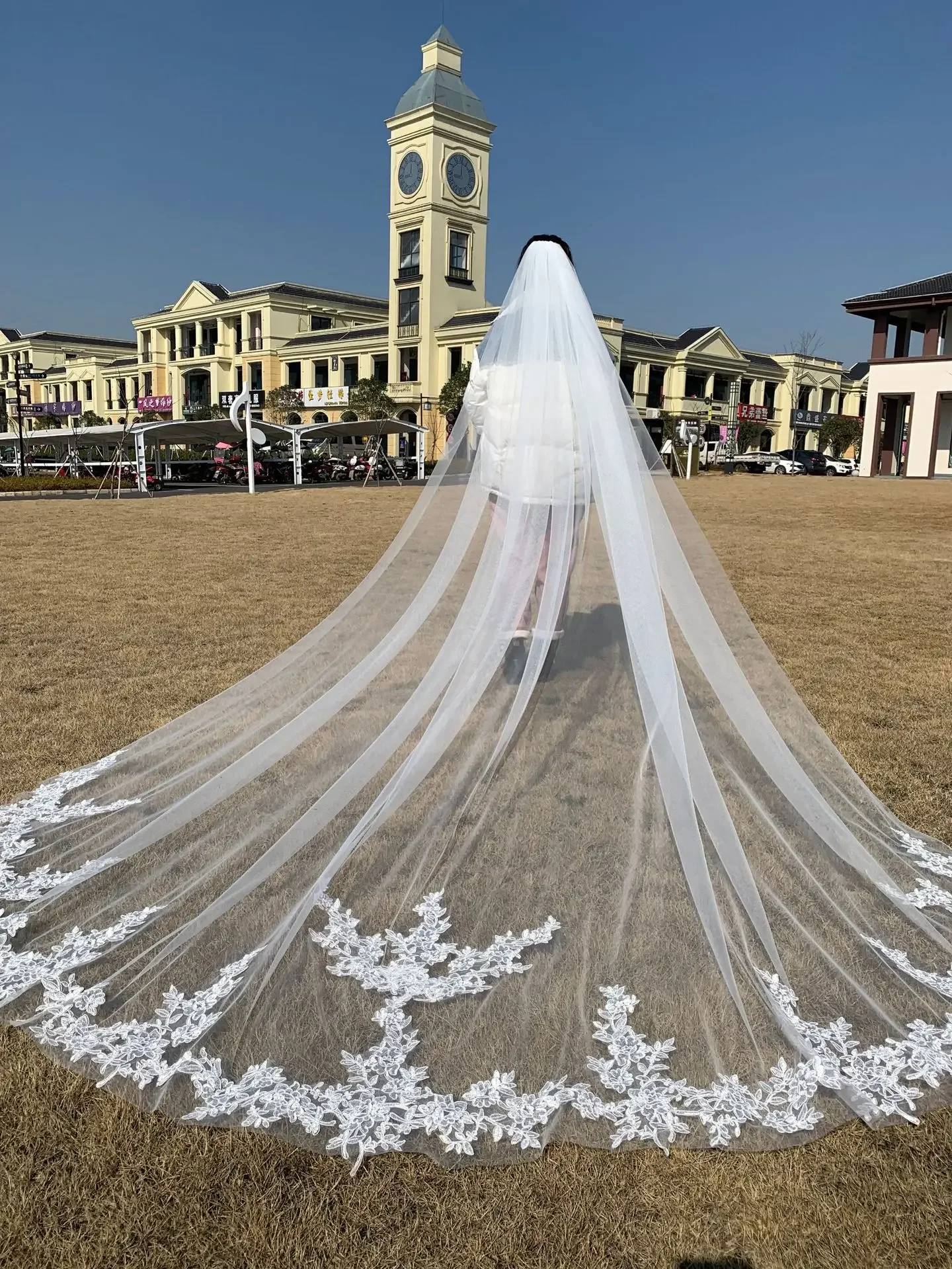 Nuevo Real Shot 3 M de ancho vestido de novia velo Metal peine para el cabello blanco flores tridimensionales velo de novia