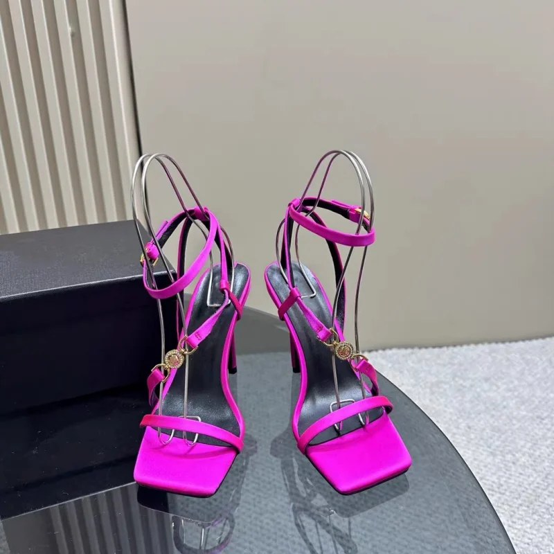 Square Head Metal Decoration/Cross Strap Buckle Candy Colored Banquet Sandals 2024 New Rhinestone Slim High Heels Sexy Sandals