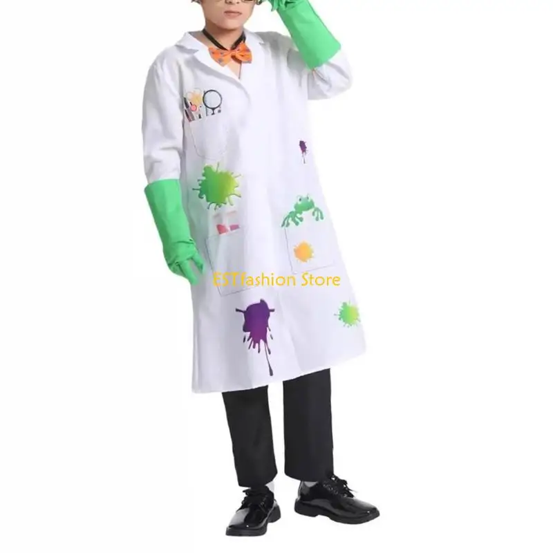 Y5GC 4Pieces Mad Scientist Costume Lab Coat Gloves Glasses Frames Mad Scientist Outfits for Halloween Dressing Up Cosplay
