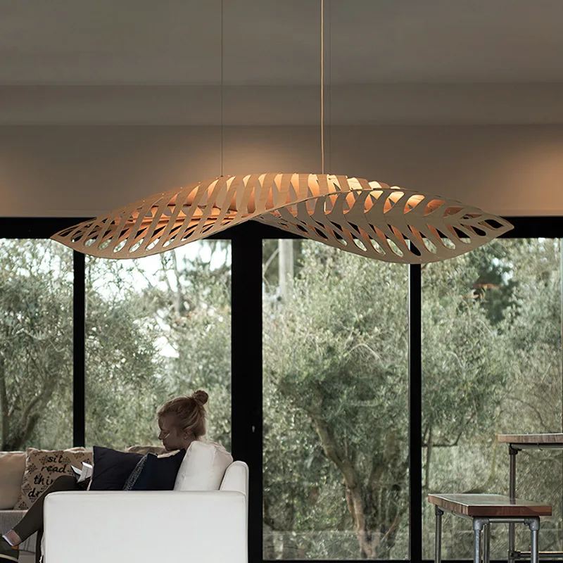 

Japanese Wooden Art Pendant Lamps Designer Restaurant Living Room Homestay Hotel Dining Bar Creative Fishbone Lights Luminaires