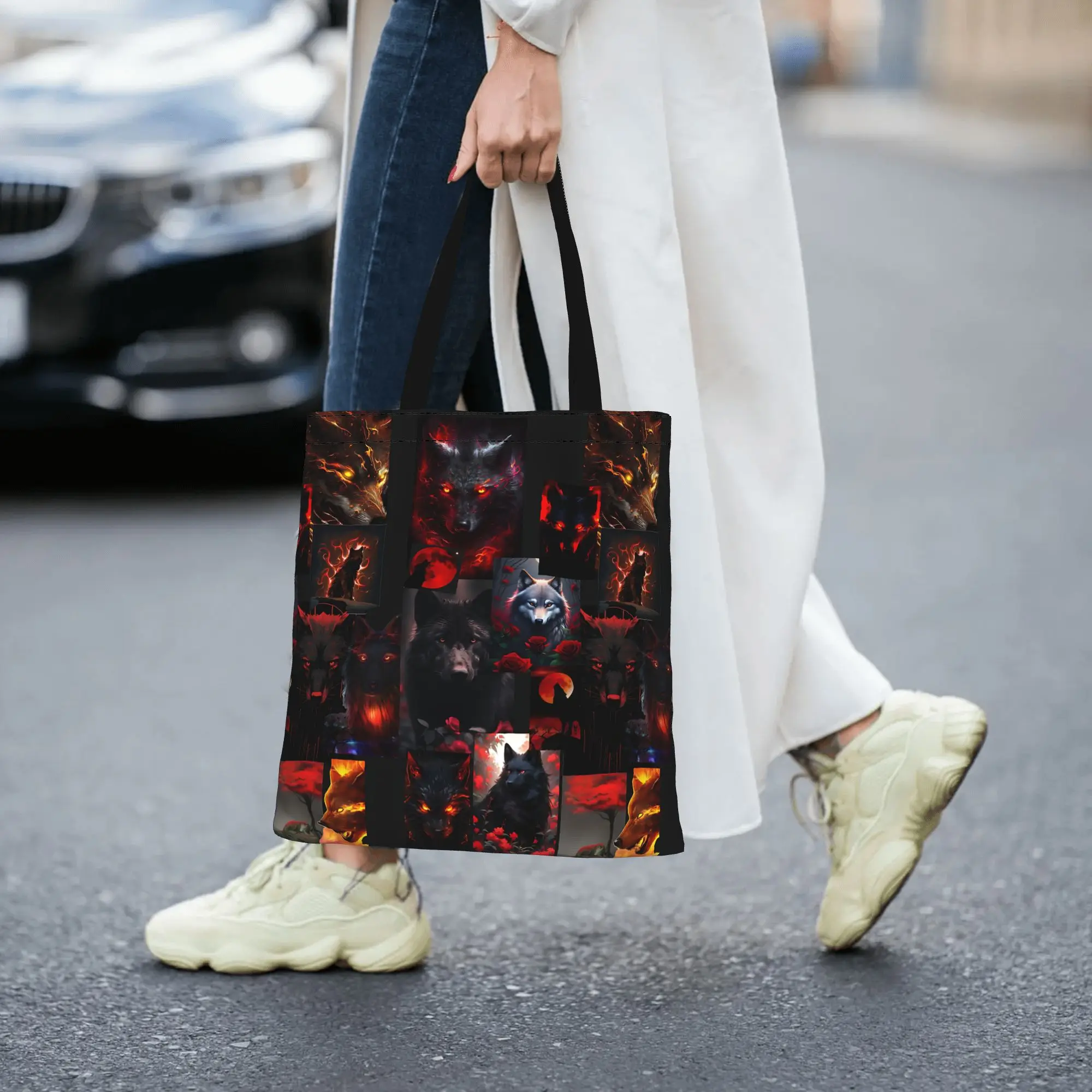 Fashion Women's Bag Cool Wolf Pattern Wolf spirit Shopping Bag  Canvas Tote Bag Women'S Shoulder Handbag Christmas Gift