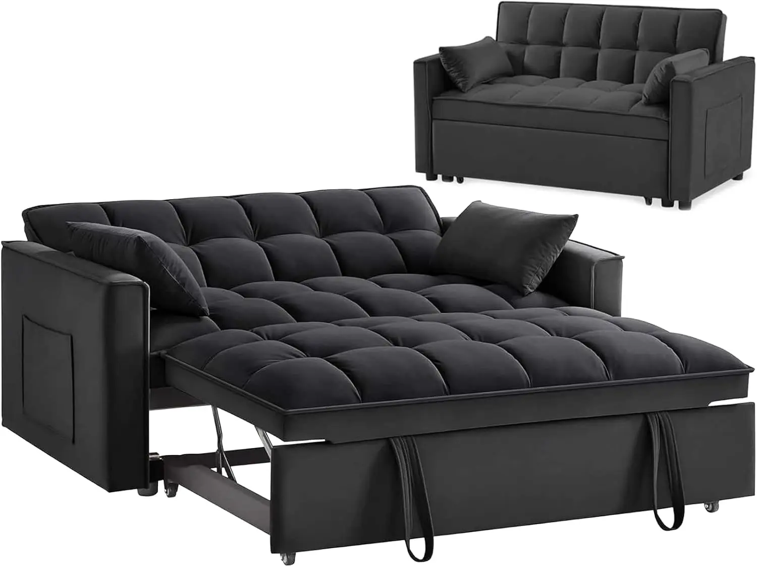 3 in 1 Sleeper Sofa Couch Bed, Velvet Convertible Sofa Bed with Armrests, Storage Pockets 2 Pillows, Modern Sofa Bed Couch