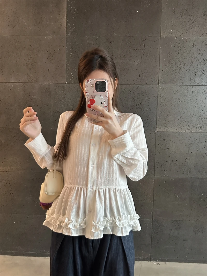 

Белая женская блузка свободного кроя с длинным рукавом, воротником Питер Пэн и кружевной отделкой, в корейском стиле, из тонкой хлопковой смеси