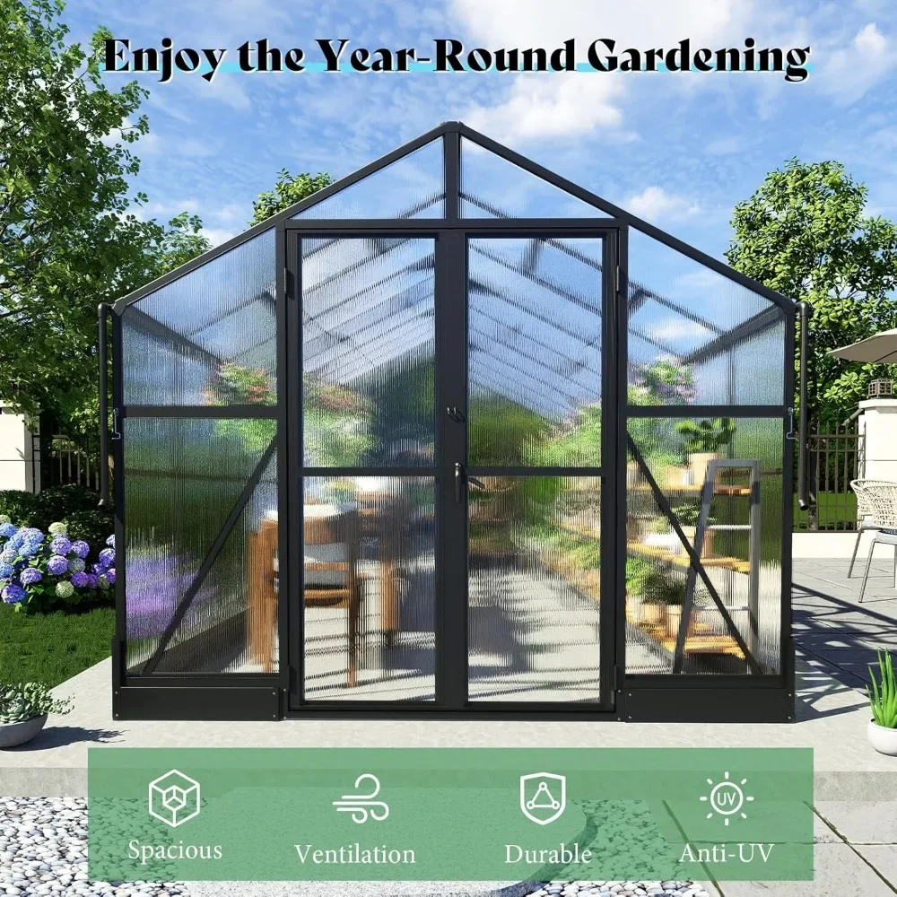 Outdoor Walk-in Polycarbonate Greenhouse with Quick Connect System, Featuring 4 Windows and Lockable Revolving Doors