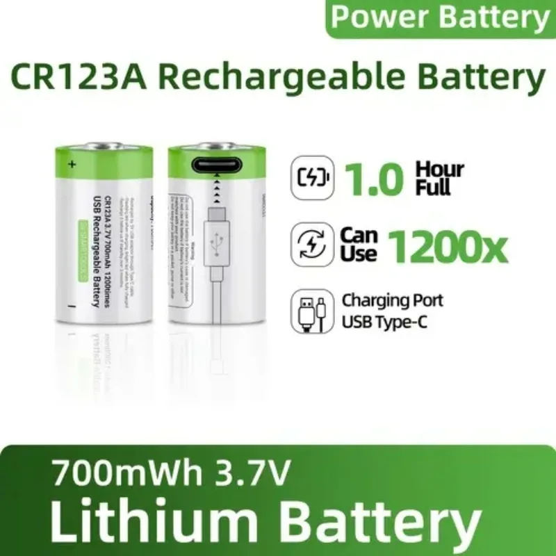 Batterie Li-ion Rechargeable 3.7V CR123A, 16340 CR17345, 700mAh, pour stylo Laser, lampe de poche LED + câble type-c, capacité réelle